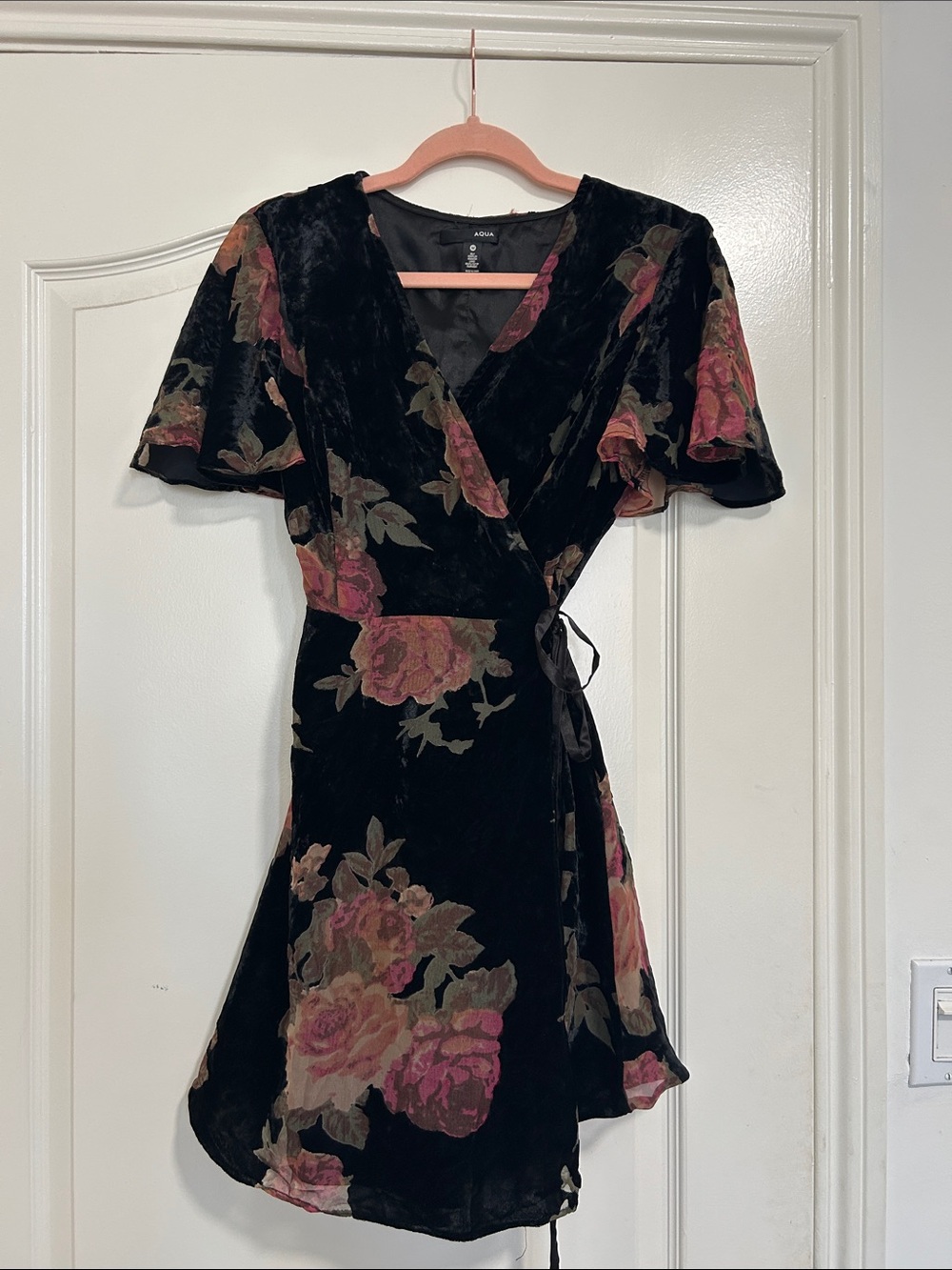a new day Black Velvet Floral Wrap Mini Dress